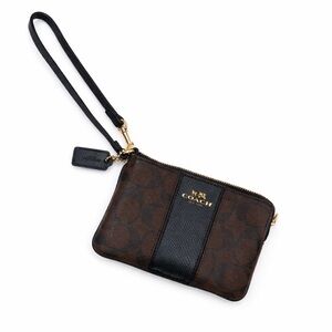 Coach Signature Brown Black Leather Wristlet Pouch approx 6” x 4”